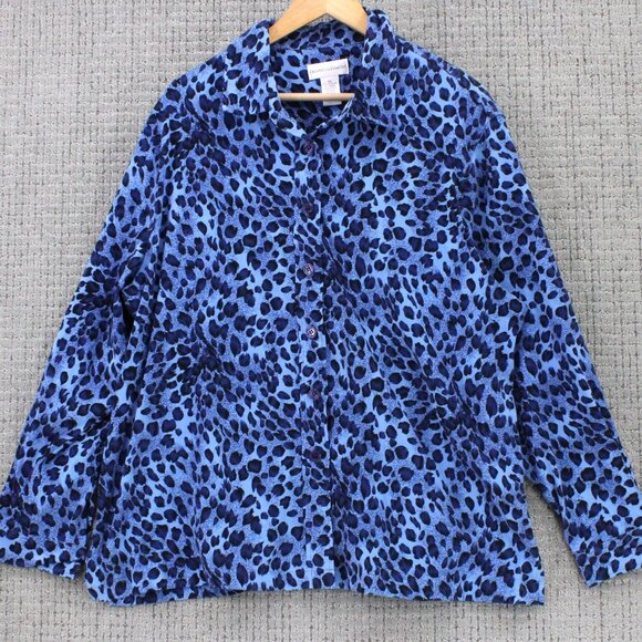Draper's & Damons Shirt Womens 2X Blue Leopard Pattern Button Down Long Sleeve - Picture 1 of 9